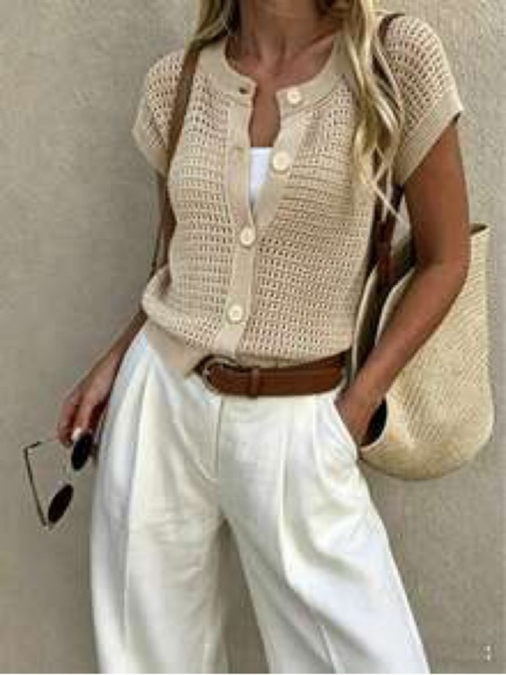 UNIVERSAL THREAD | Cream Open-Knit Sleeveless Button Down Cardigan